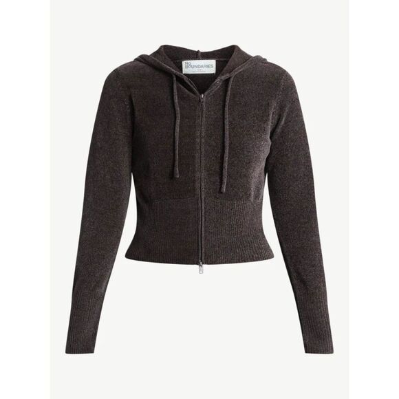 Chenille Y2K Vibe Zip Cropped Sweater Hoodie Sz S Breen Chocolate Coffee Brn NWT - Picture 1 of 11